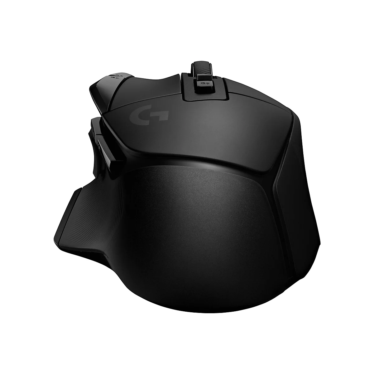 Schwarze Gaming-Maus mit dem Logo G von Logitech. Sie hat mehrere Tasten und ein ergonomisches Design.