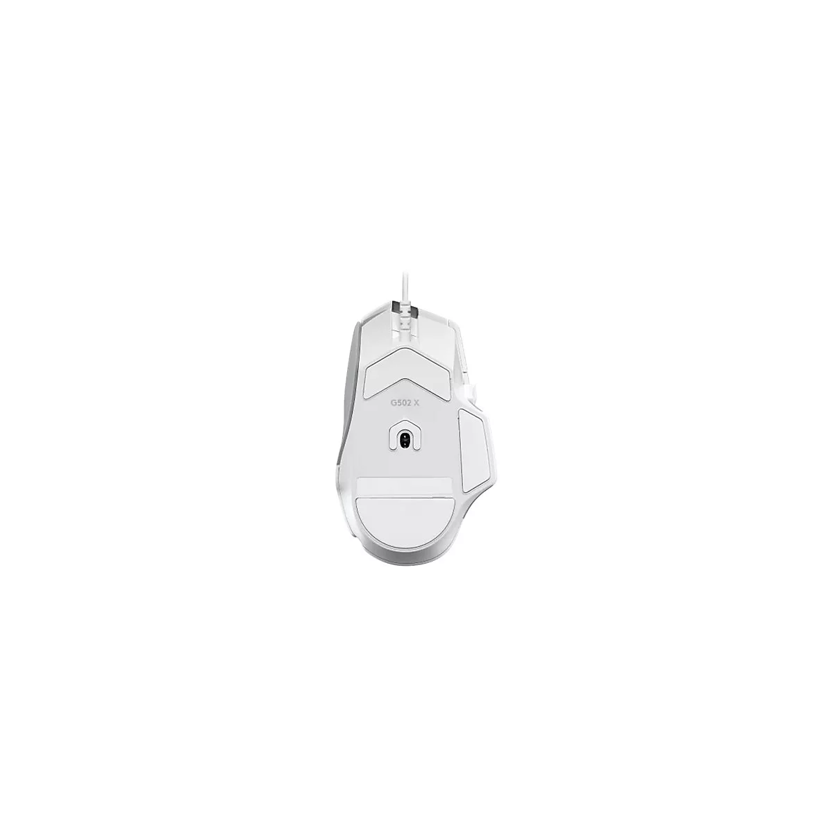 Draufsicht auf eine weiÃŸe Gaming-Maus, Modell G502 X. Die Maus hat silberne Details und eine weiÃŸe Unterseite mit Gleitpads.