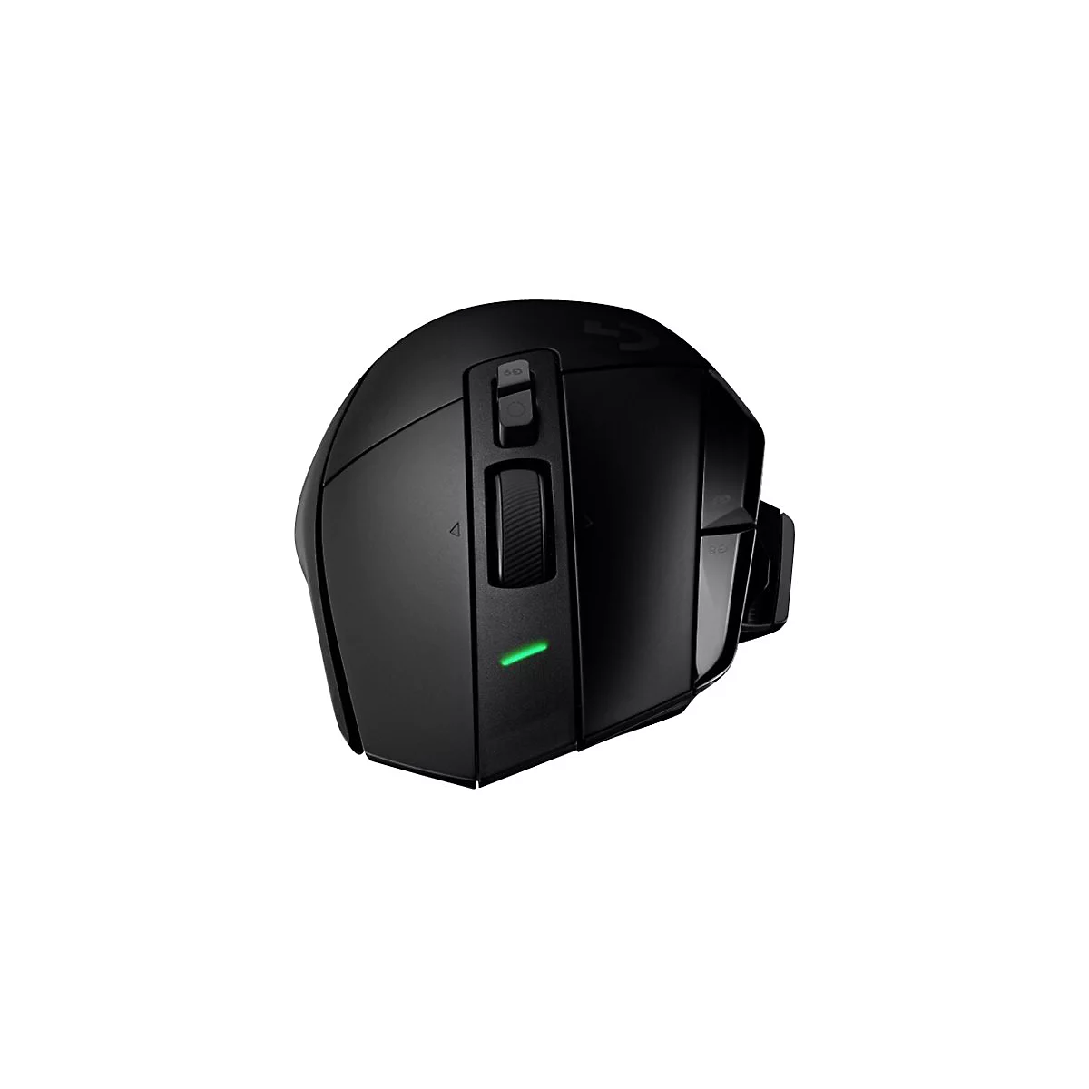 Souris de jeu noire avec plusieurs boutons et une lumiÃ¨re verte. Une molette de dÃ©filement et deux boutons sont sur le cÃ´tÃ©.