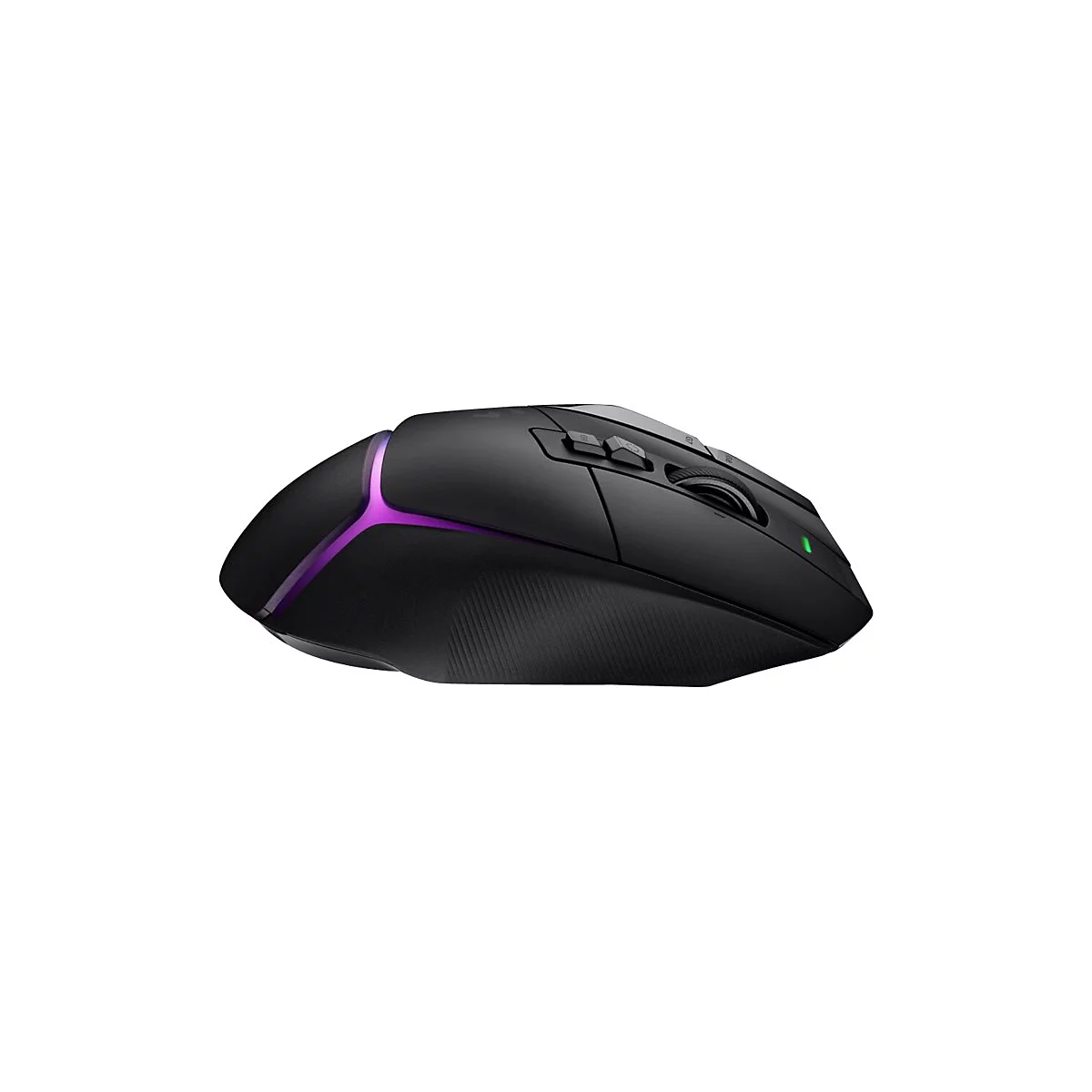 Schwarze Gaming-Maus mit lila Lichteffekten. Oberseite mit Tasten und Scrollrad, grÃ¼ne LED-Anzeige.