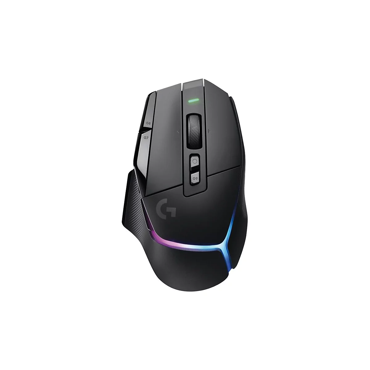 Schwarze Gaming-Maus mit farbiger Beleuchtung und Logo.
