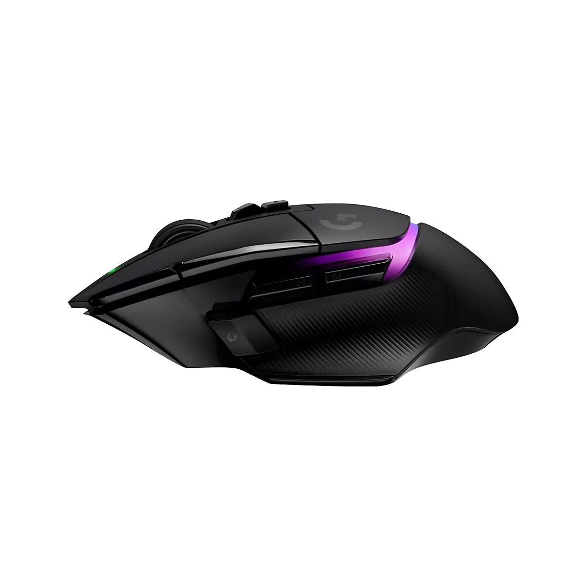 Schwarze Gaming-Maus mit violetten Akzenten und Herstellerlogo. Der Hintergrund ist weiÃŸ.