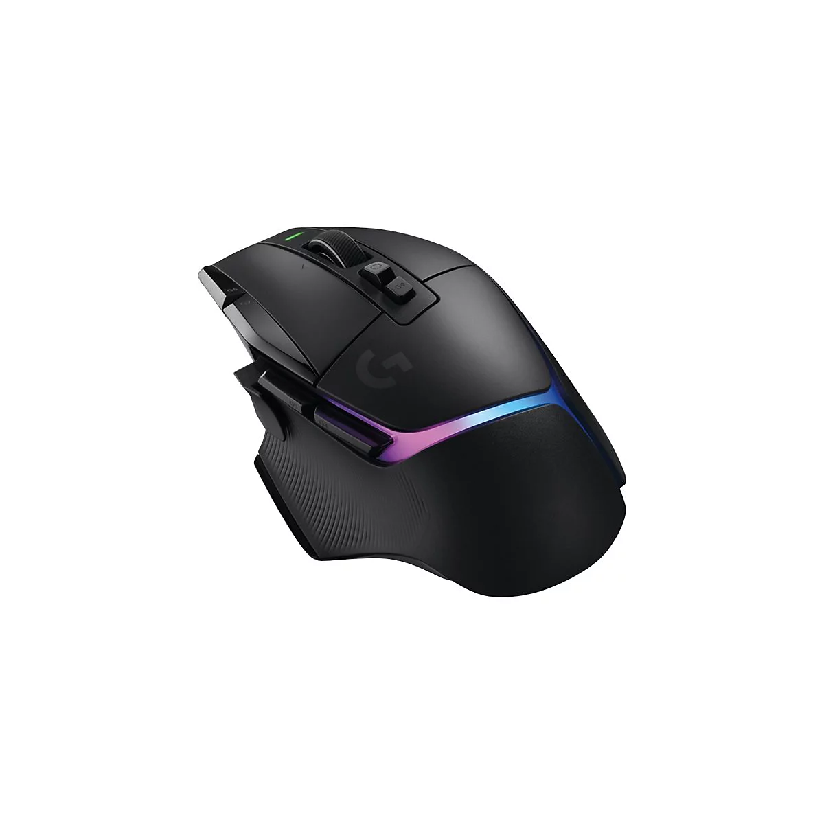 Schwarze Gaming-Maus mit RGB-Beleuchtung. Sie hat ein Rollrad, zwei Tasten und das Logitech-Logo.