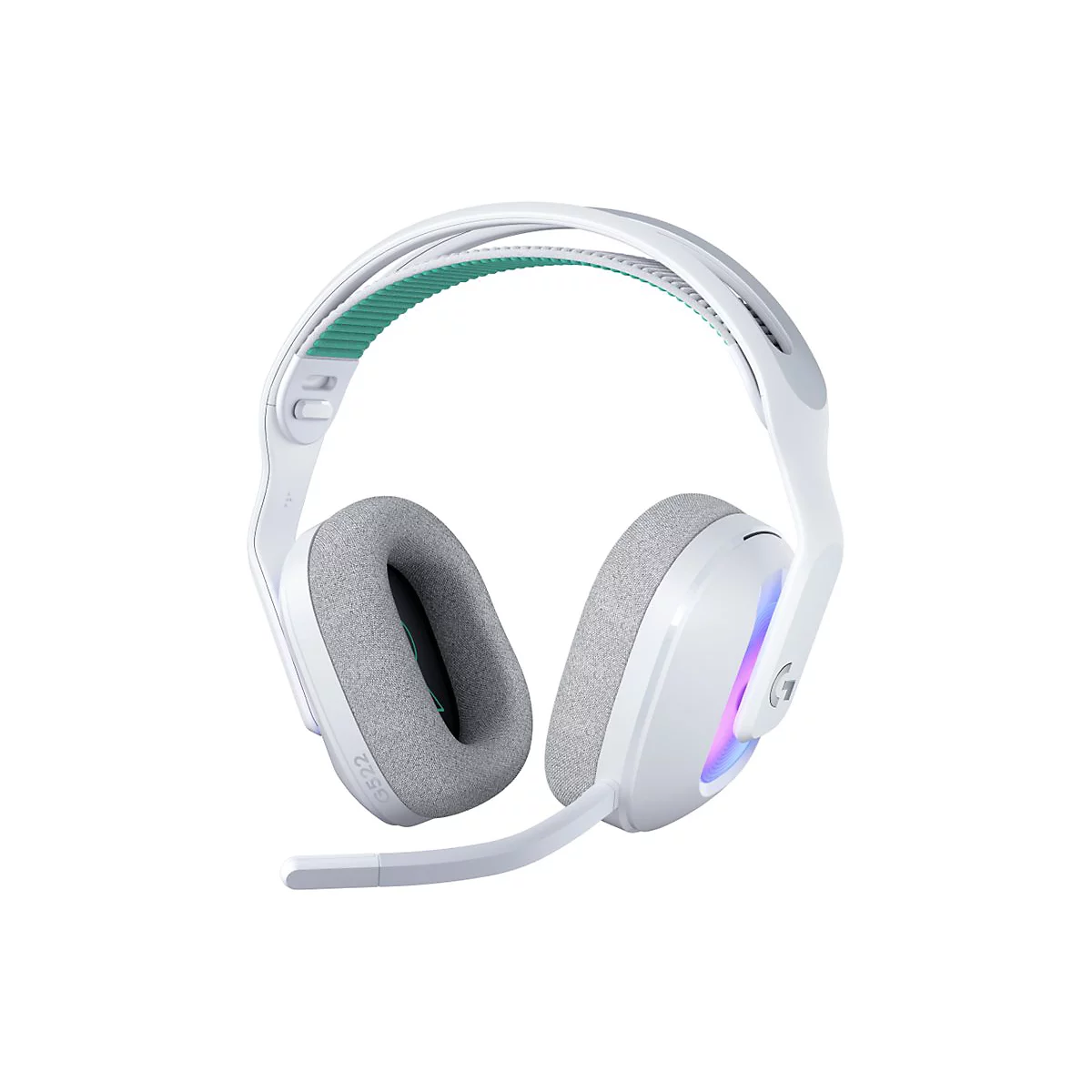 Weißes Gaming-Headset mit grauen Ohrpolstern und Mikrofon. Auf den Ohrmuscheln ist ein farbiger Lichteffekt zu sehen.