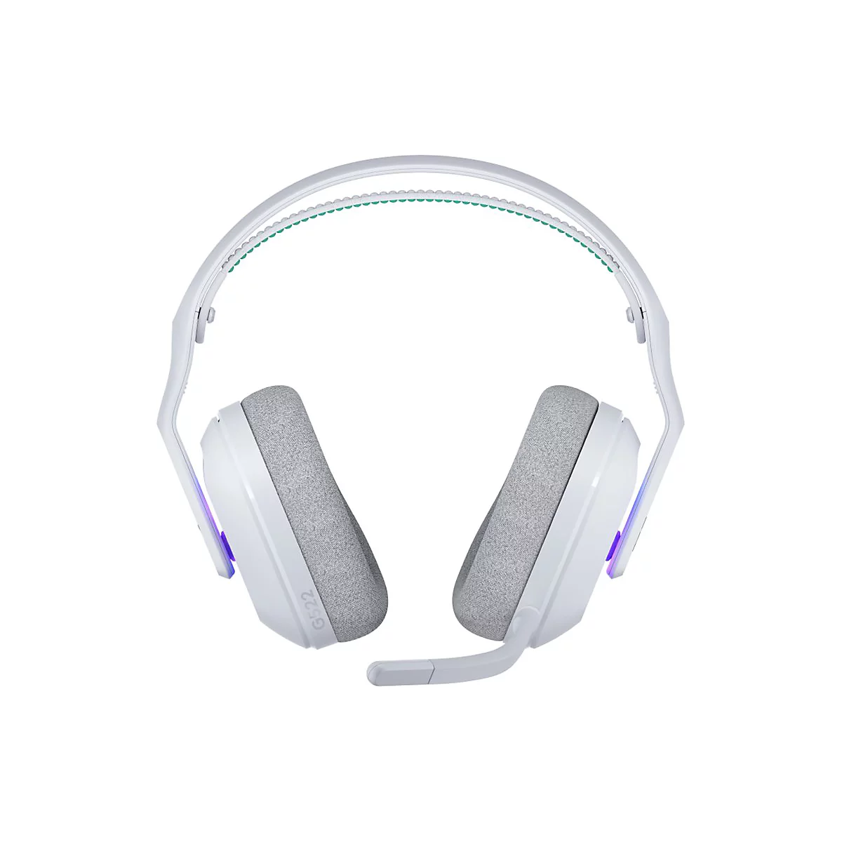 Weißes Gaming-Headset, grau gepolsterte Ohrmuscheln, Mikrofon, grün akzentuierter Bügel, G522-Aufdruck.