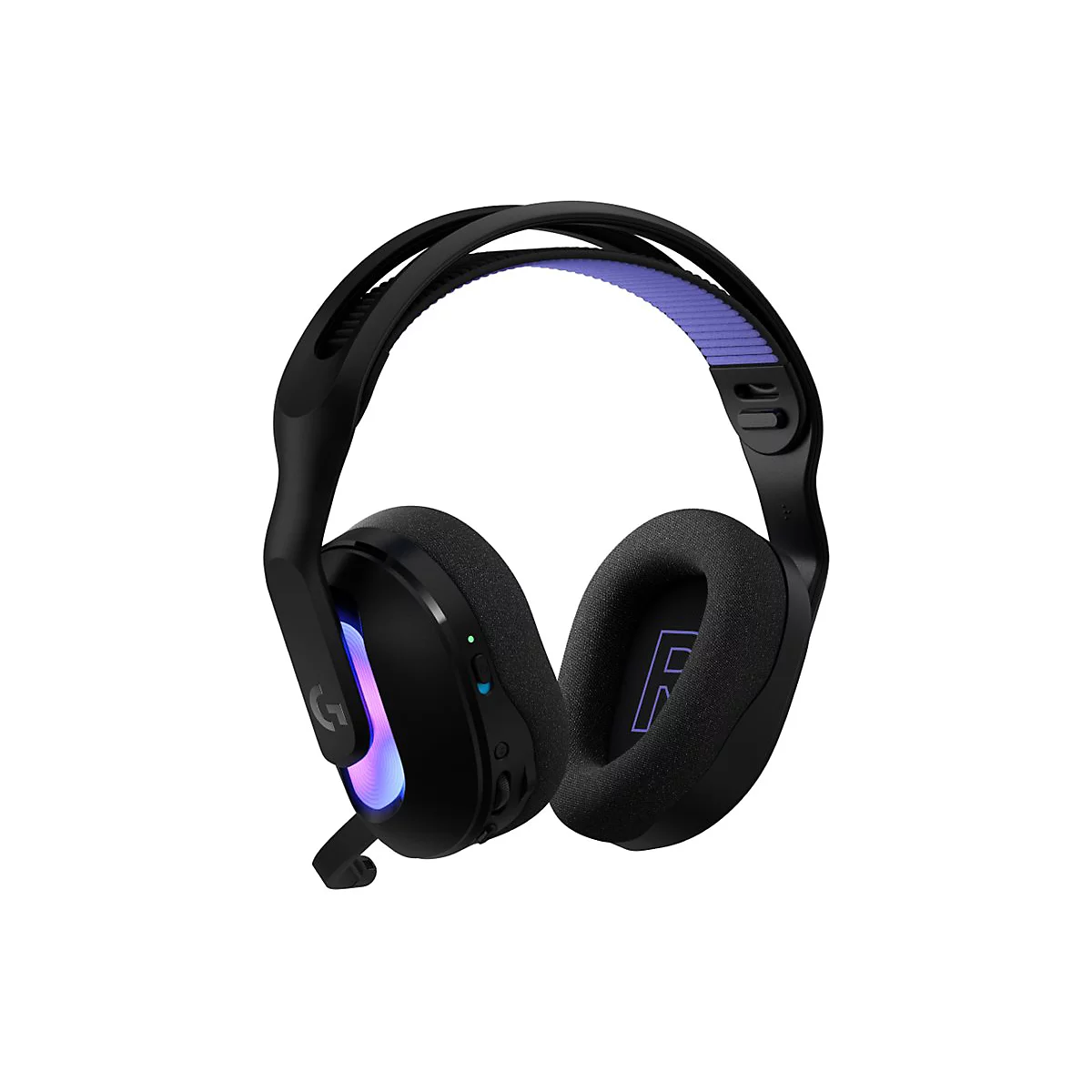 Schwarzes Gaming-Headset mit blau-violetten Akzenten und weissen Ohrmuscheln. Auf weissem Hintergrund.
