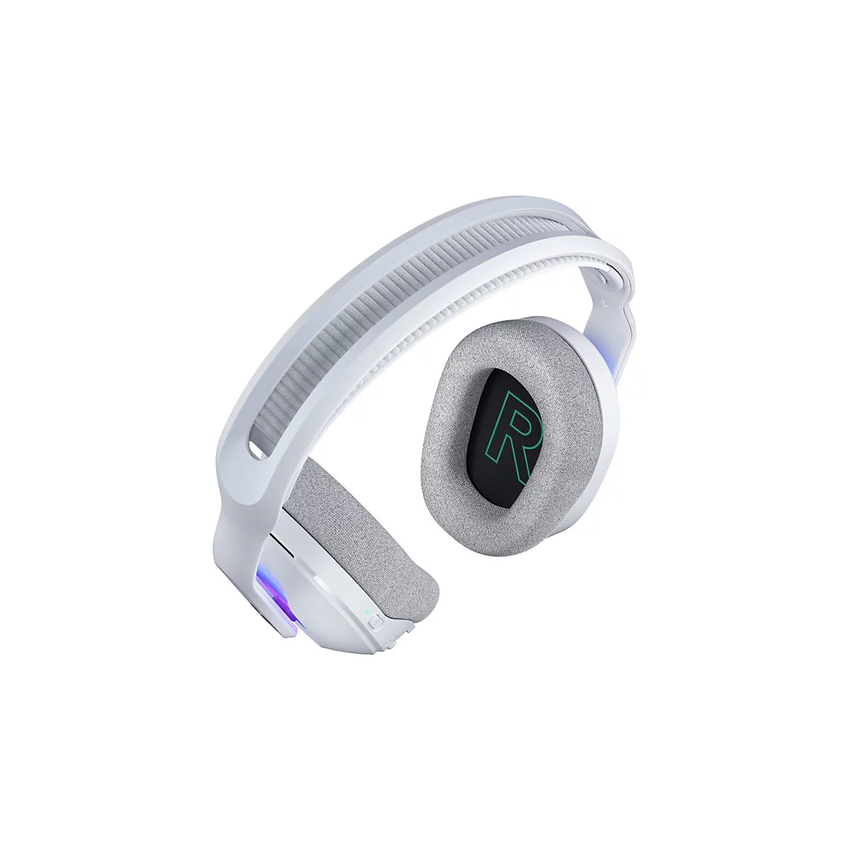 Weißes Gaming-Headset. Graue Ohrpolster, gepolsterter Bügel. Auf einem Polster steht groß ein grünes 'R'.