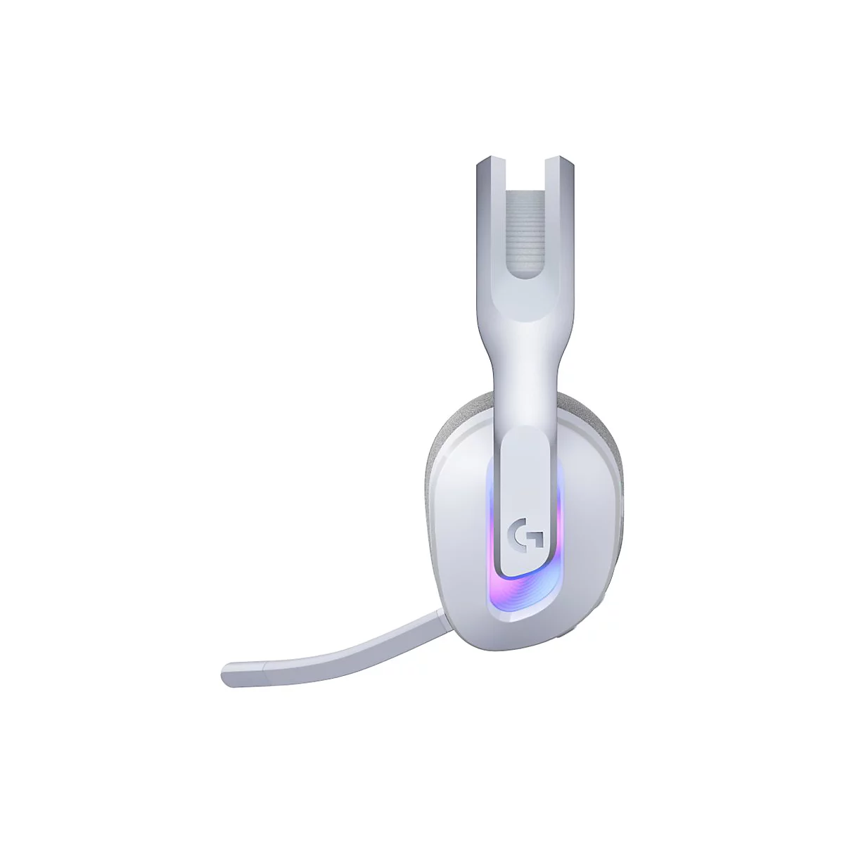 Weißes Gaming-Headset mit Mikrofon, beleuchtetem Logo und gepolsterten Ohrmuscheln. Detailaufnahme.