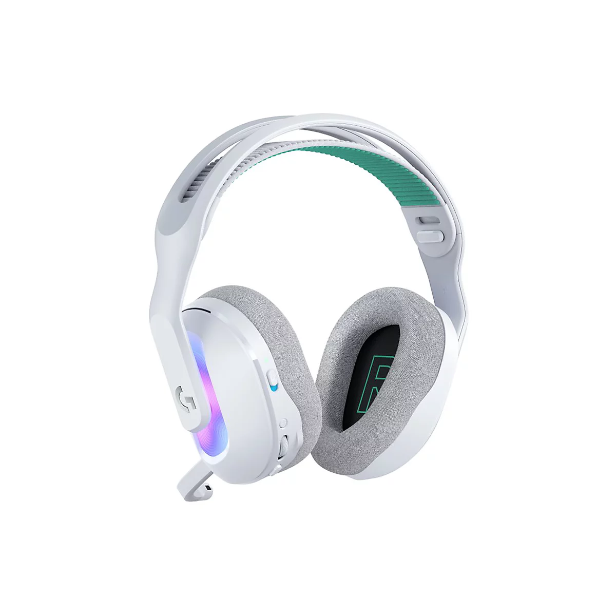 Weißes Gaming-Headset mit grauen Ohrpolstern und grünen Akzenten, auf weißem Hintergrund.