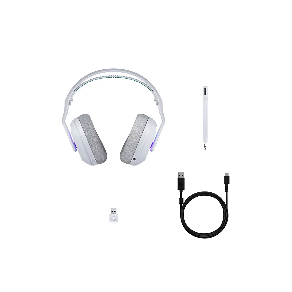Weißes Gaming-Headset mit Zubehör: Mikrofon, Dongle, USB-Kabel.