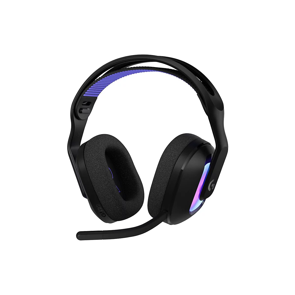 Schwarzes Gaming-Headset, violette Details, Mikrofon. Das Logo „G“ ist sichtbar.