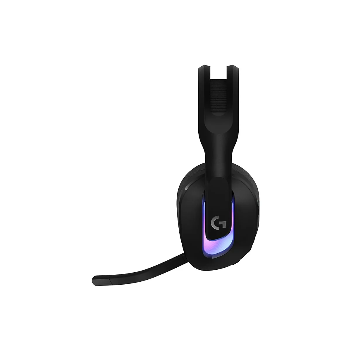 Schwarzes Gaming-Headset mit Mikrofon und RGB-Beleuchtung auf weißem Hintergrund.