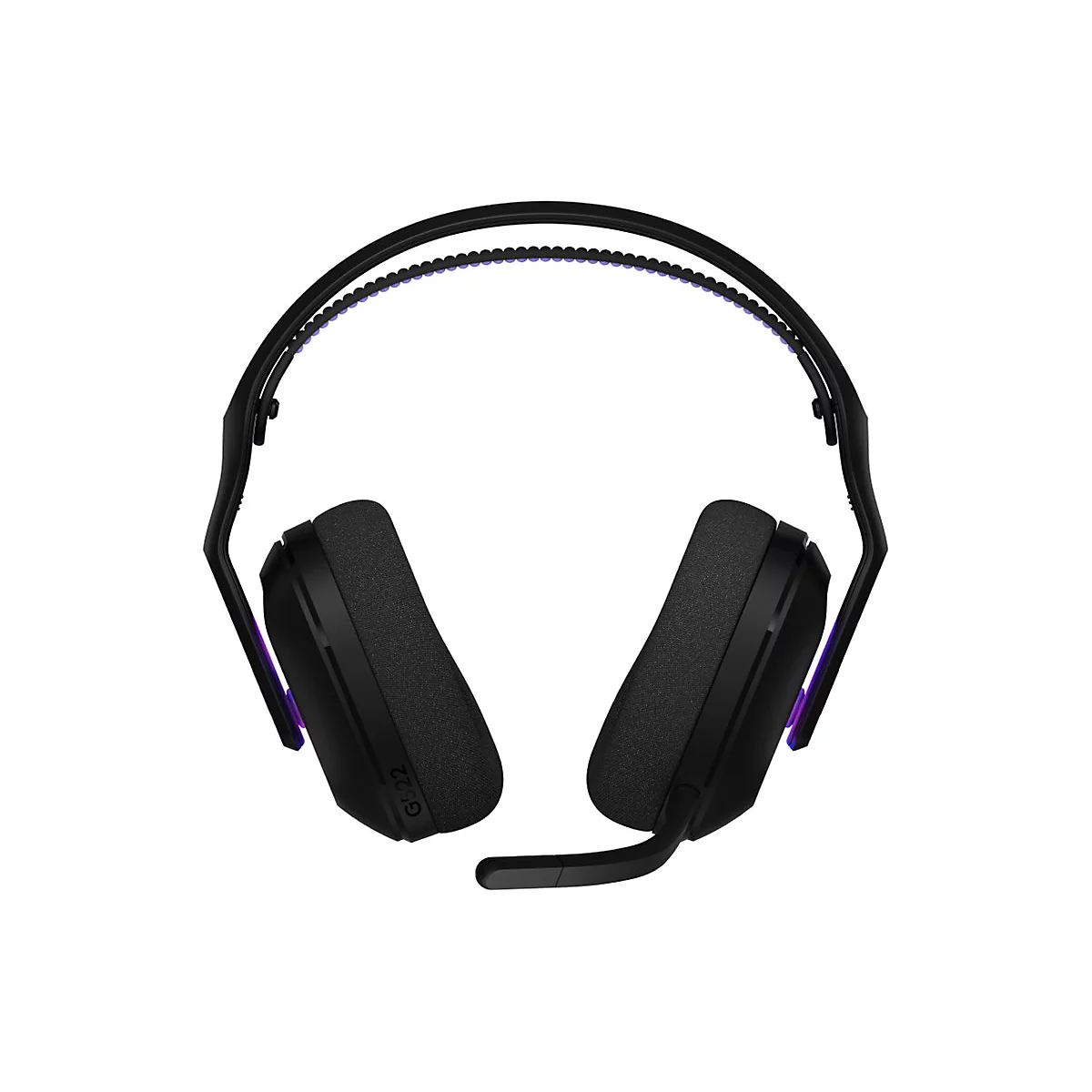 Schwarzes Headset mit Ohrmuscheln und Mikrofon, Perspektive von oben. Innenbeleuchtung, G332 Schriftzug.