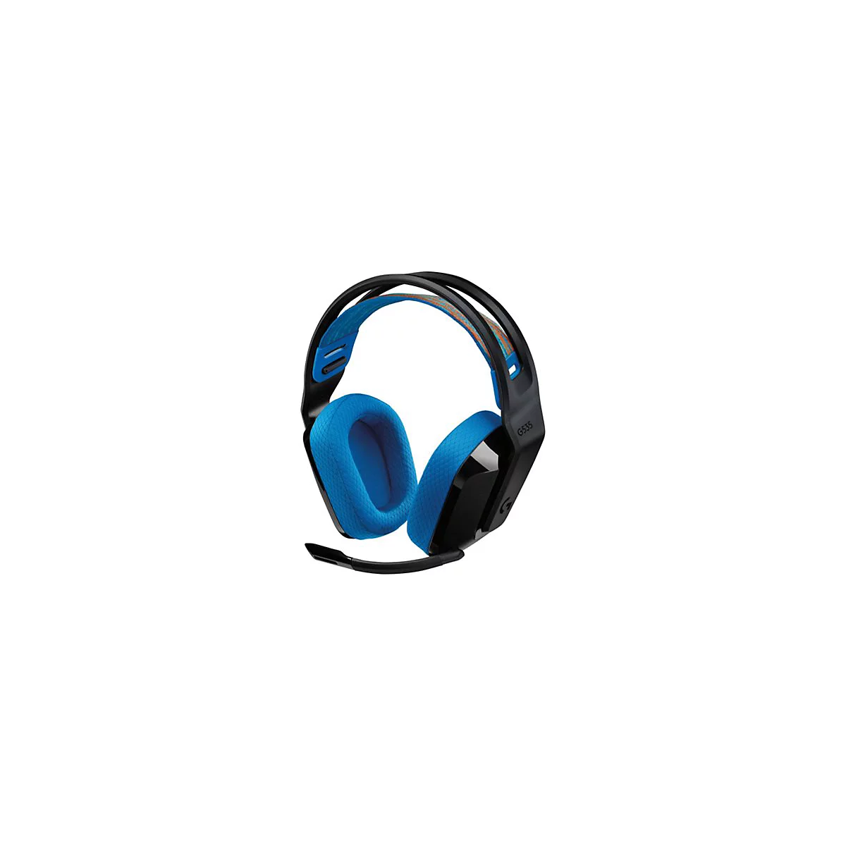 Schwarzes Gaming-Headset G535 mit blauem Polster und Mikrofon.