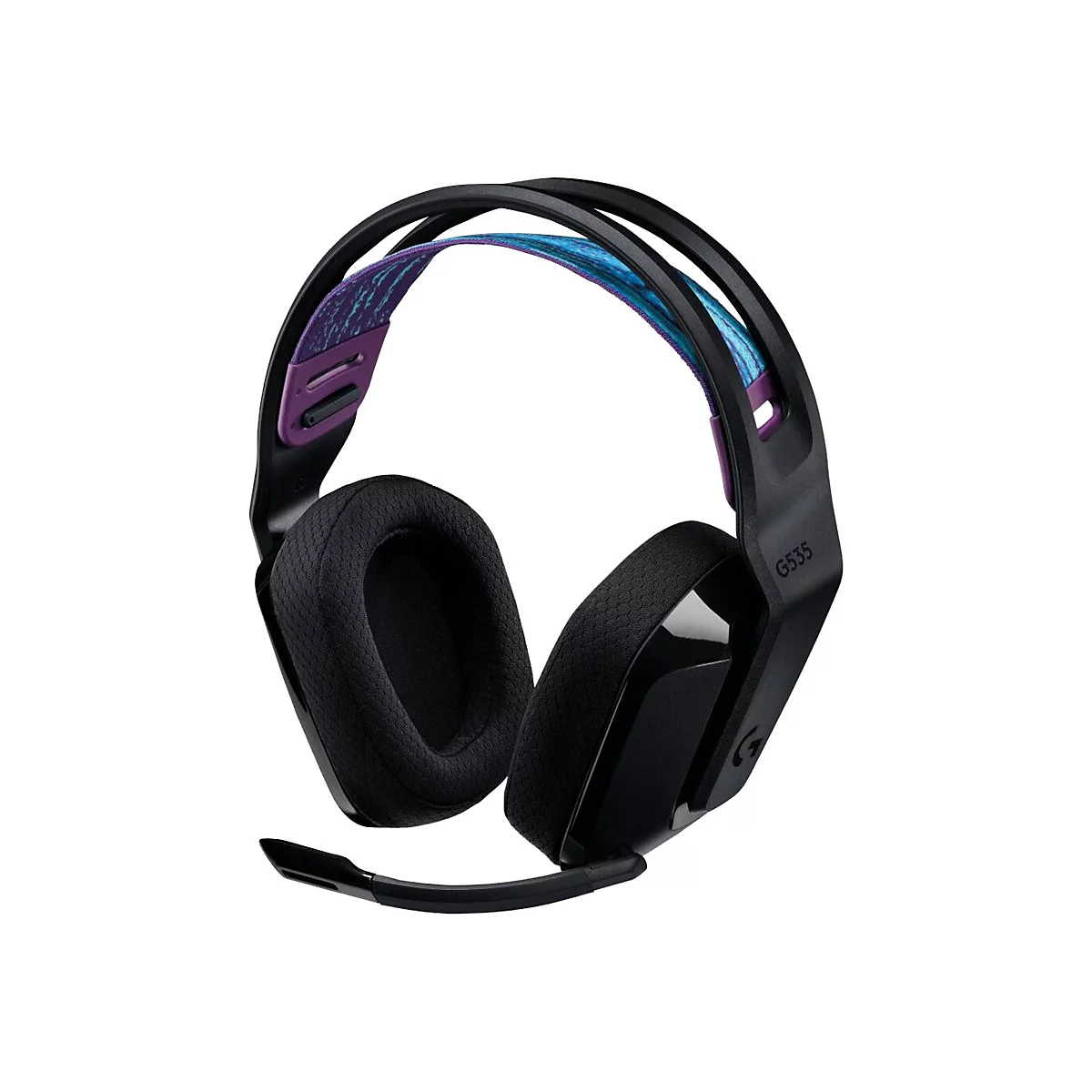 Schwarzes Gaming-Headset mit blau-lila gemustertem Stirnband. Aufschrift G535. Ausgestattet mit Mikrofon.