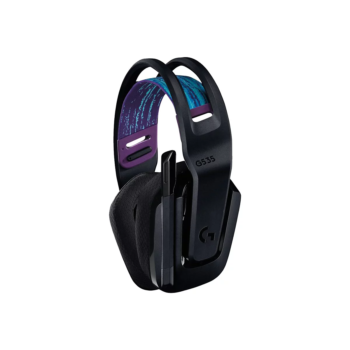 Schwarzes Gaming-Headset G535. Lila und türkisfarbenes Muster am Kopfband. Auf dem Bügel steht G535.