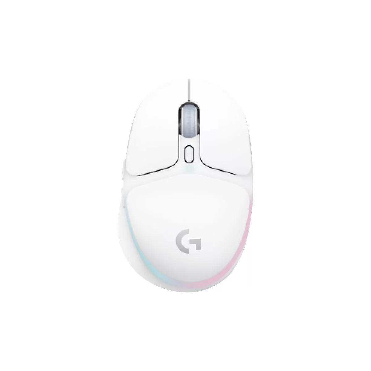 Draufsicht auf eine weiße Gaming-Maus mit seitlicher Beleuchtung und 'G'-Logo.