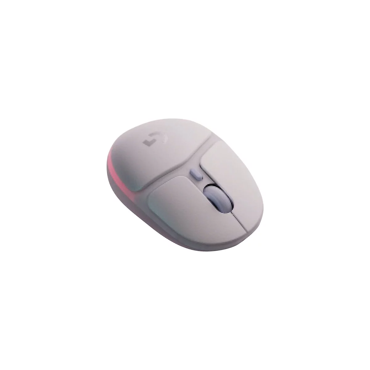 Graue Logitech-Maus, Vorderansicht. Mausrad, zwei Maustasten und Logo sind zu sehen.