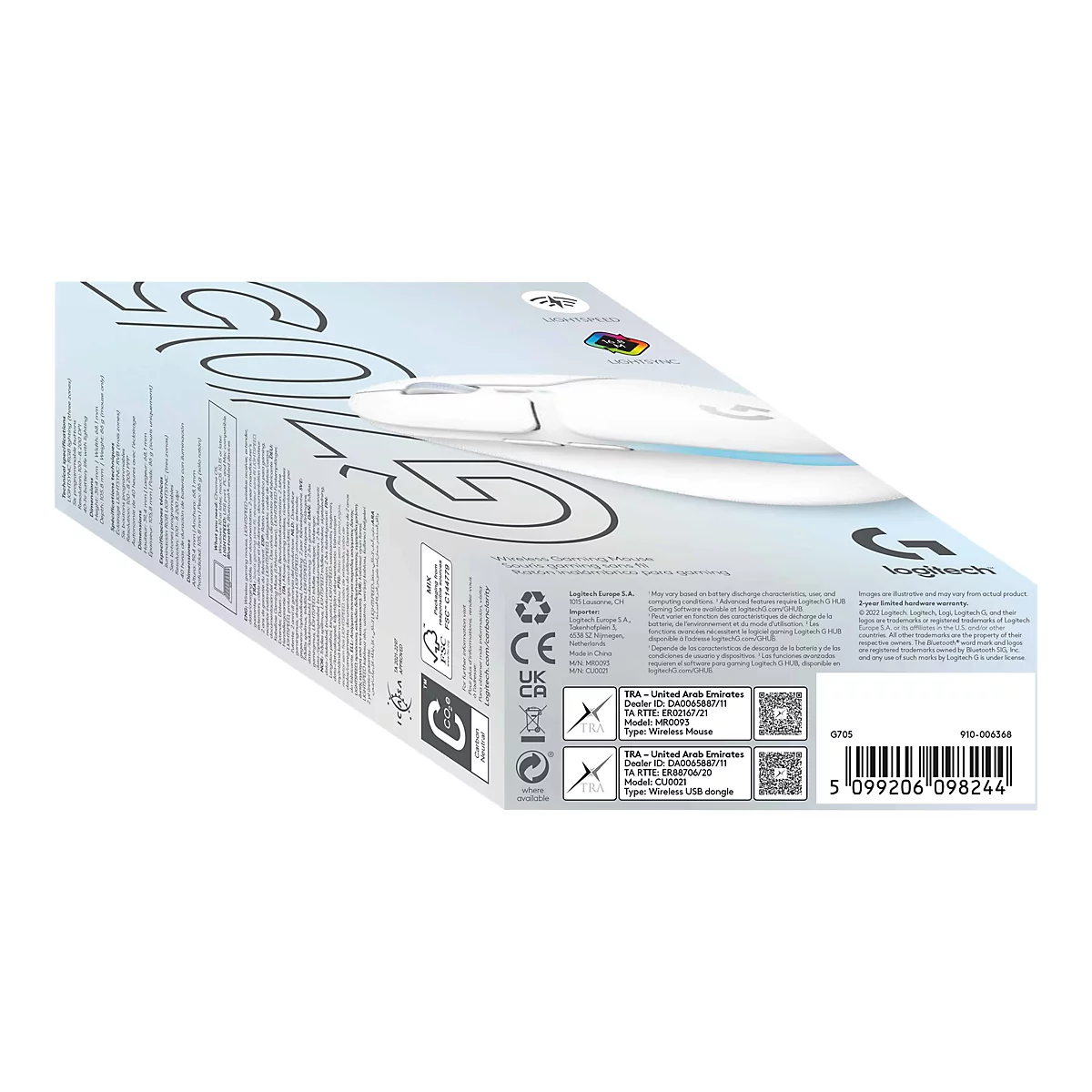Weiße Logitech G705 Gaming-Maus auf einem weißen Hintergrund. Auf der Verpackung sind Logos und Produktinformationen zu sehen.