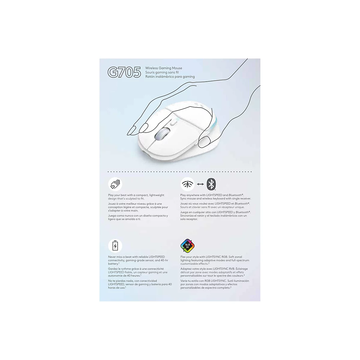 Eine weiße Gaming-Maus, die in einer Hand gehalten wird, vor einem hellen Hintergrund. Auf dem Bild sind auch Produktinformationen und Logos abgebildet.