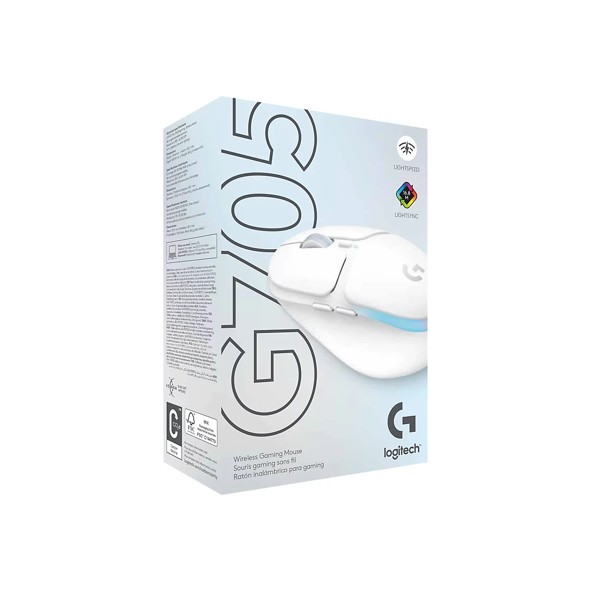 Eine Produktverpackung für die Logitech G705 Wireless Gaming Mouse. Auf der Verpackung sind die Maus, Logos und Spezifikationen abgebildet. Die Maus ist weiß mit schwarzen Akzenten.