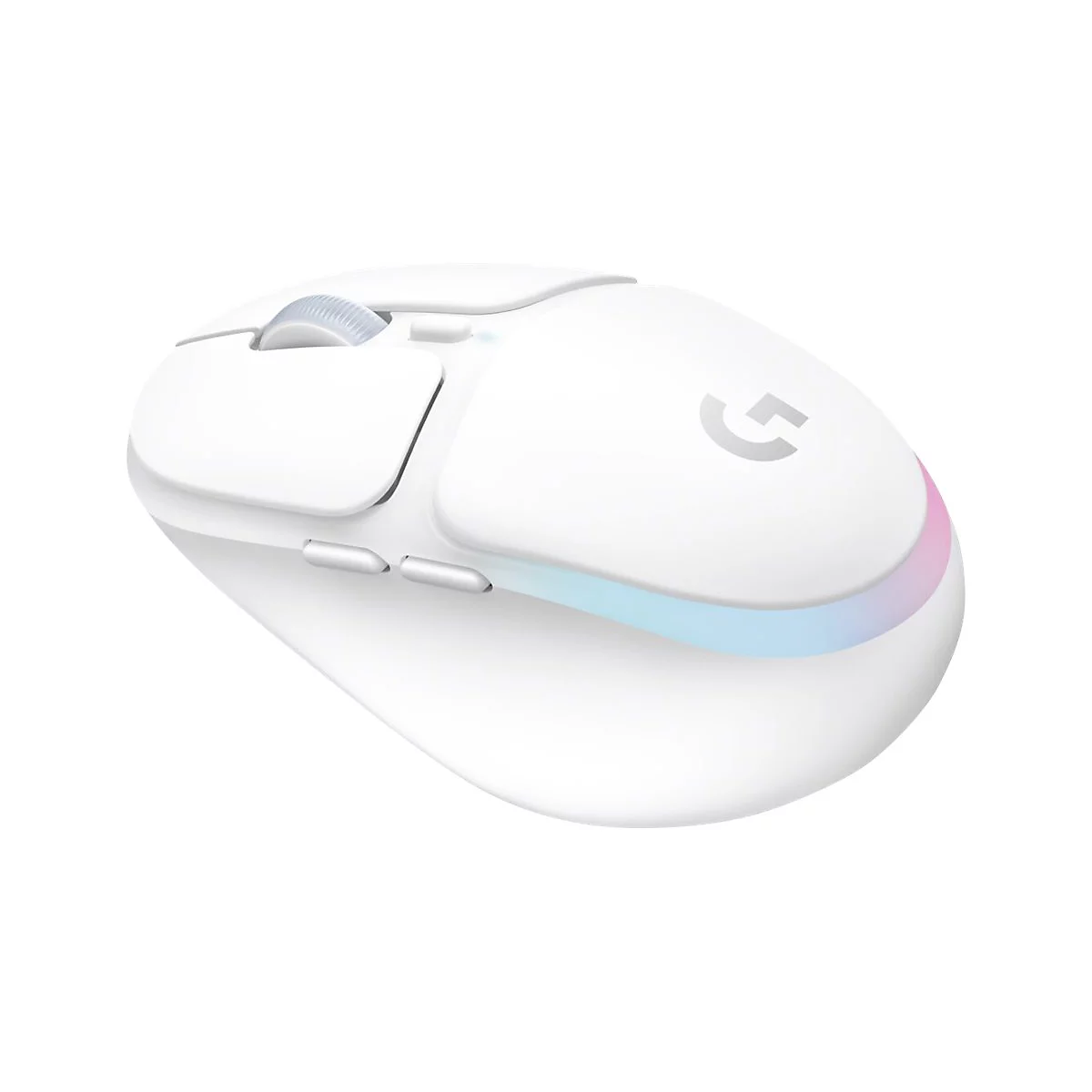 Weisse Gaming-Maus mit Logo. Scrollrad, Tasten und farbige Lichtleiste.