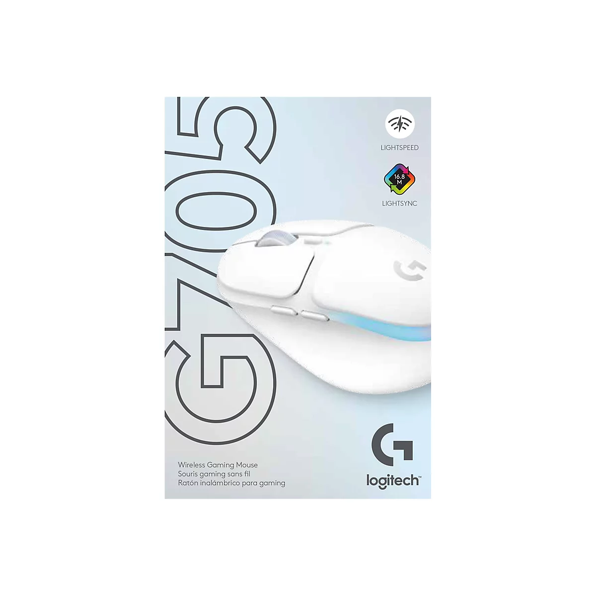 Weiße Gaming-Maus G705 vor hellblauem Hintergrund, Logos für Lightspeed und Lightsync, sowie Logitech Logo.