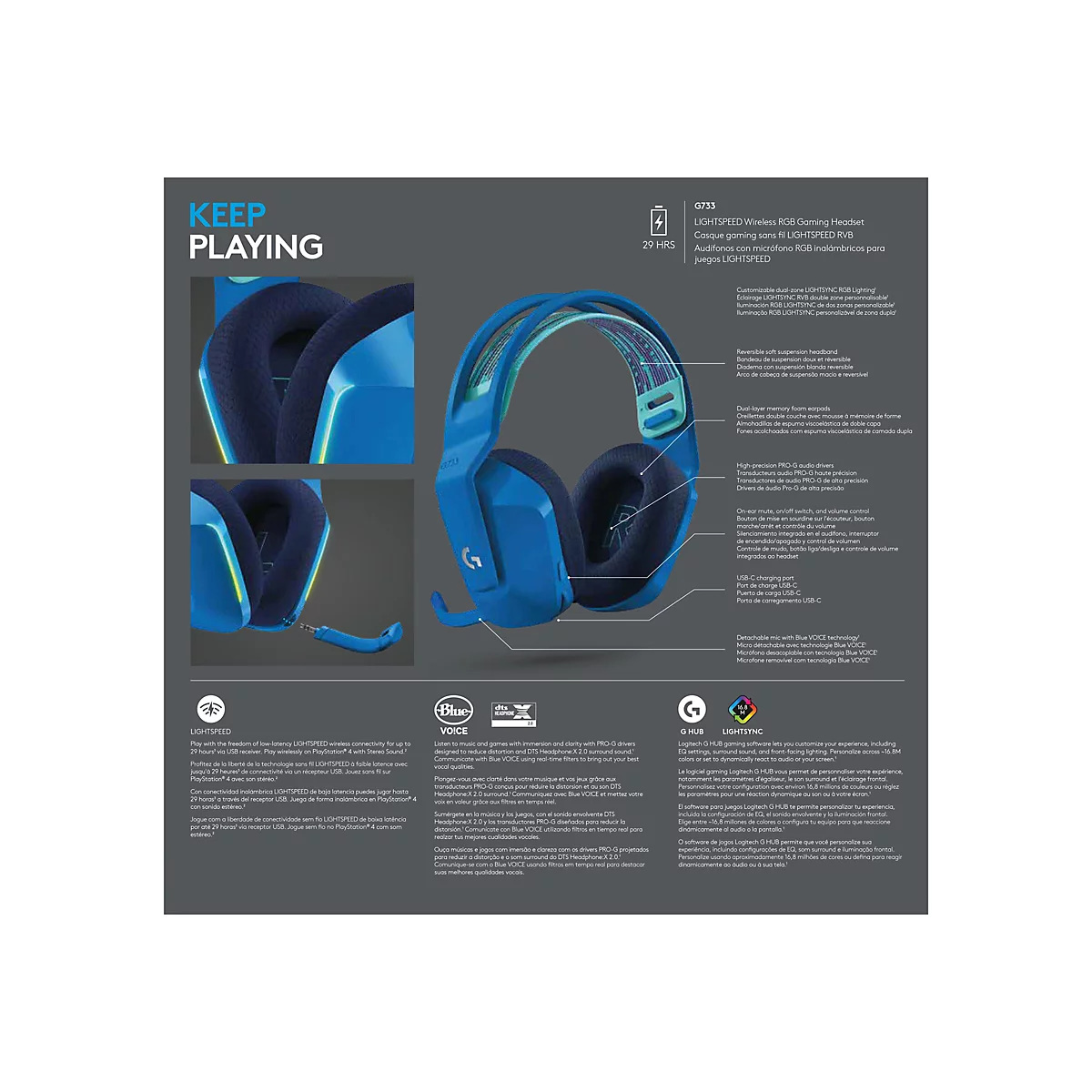 Logitech G G733 LIGHTSPEED Wireless RGB Gaming Headset - Headset - ohrumschließend - 2,4 GHz - kabellos - Blau