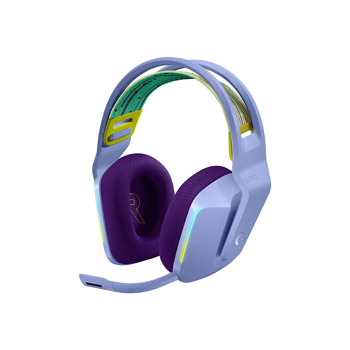 Casque de jeu G733 bleu avec oreillettes violettes, bandeau à motifs jaune-vert et microphone.