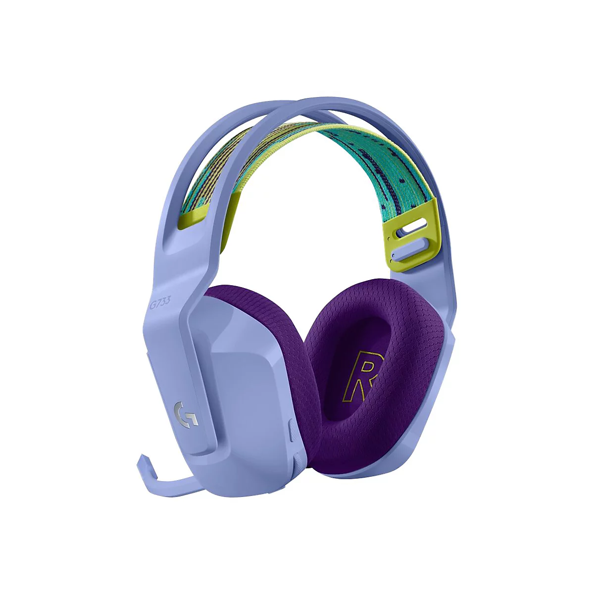 Casque de jeu bleu clair avec des oreillettes violettes, des accents jaunes et un bandeau coloré.