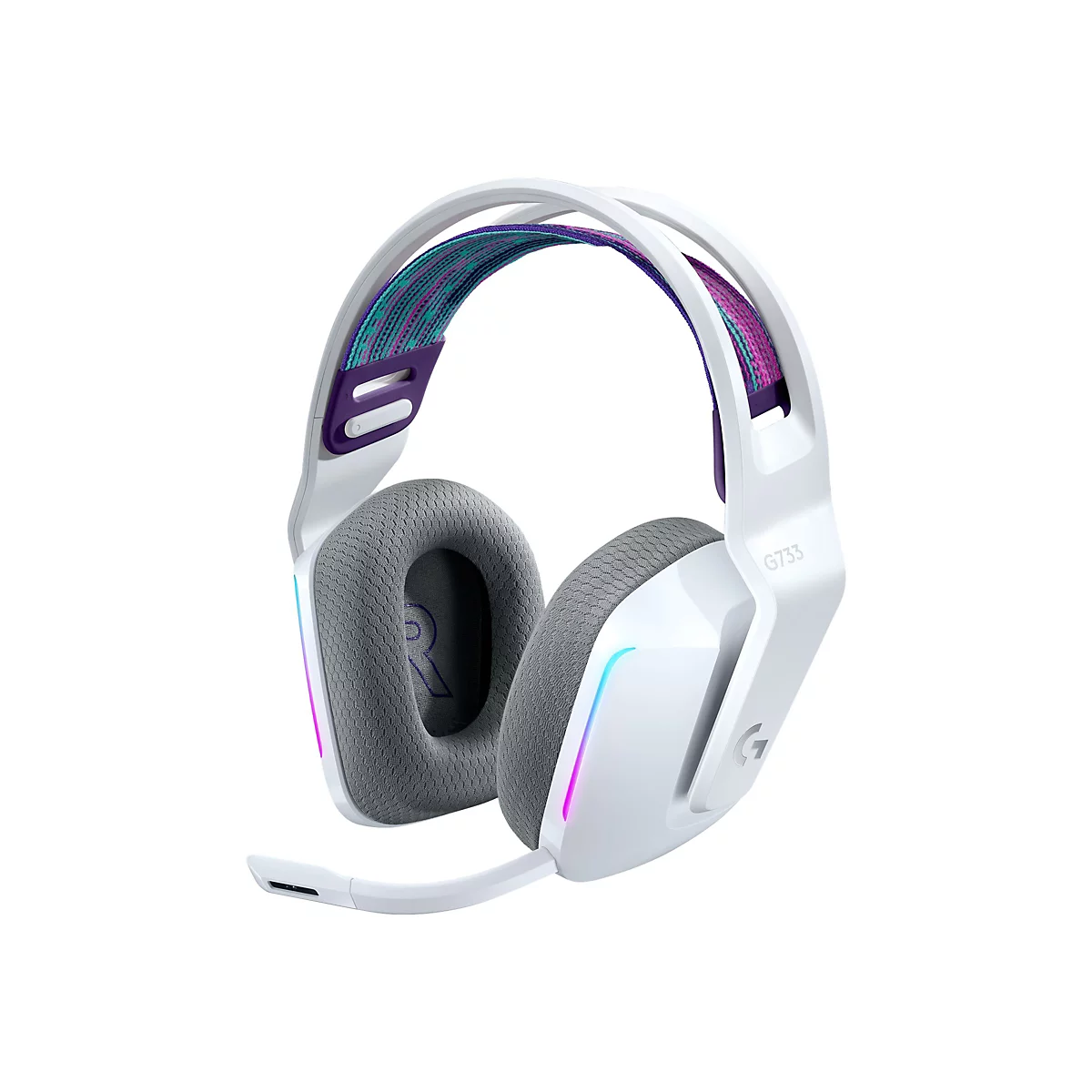 Weißes Gaming-Headset mit farbigem Stoff am Kopfband. An den Ohrmuscheln und an den Seiten leuchten farbige Lichter. Das Headset hat ein Mikrofon.