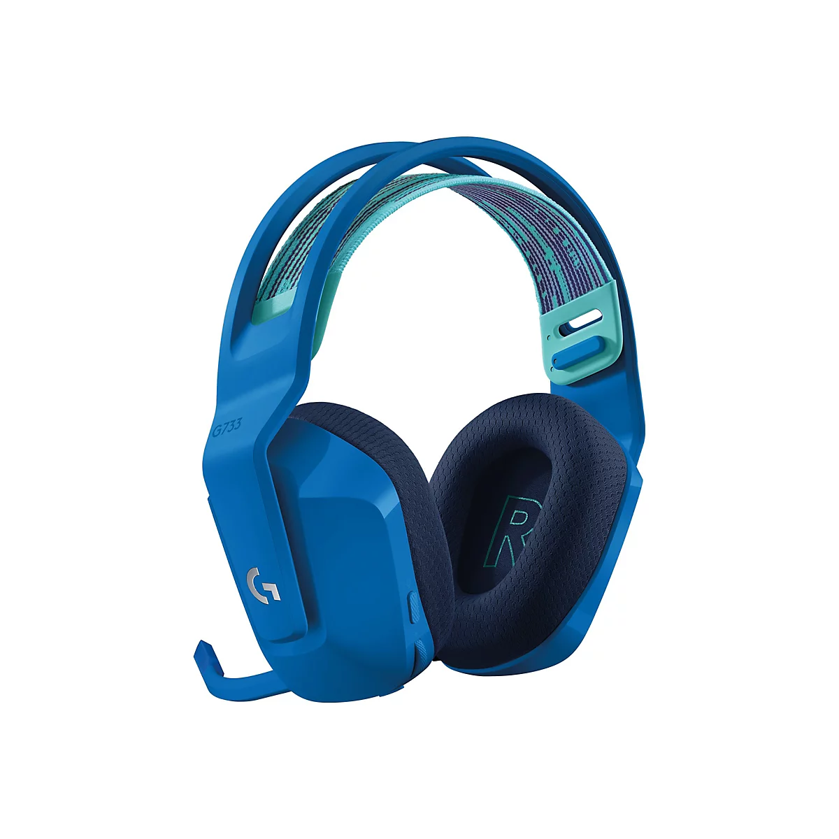 Blaues Gaming-Headset, detailreich abgebildet. Mit farbenfrohen Akzenten auf dem Kopfbügel und dem Logo.