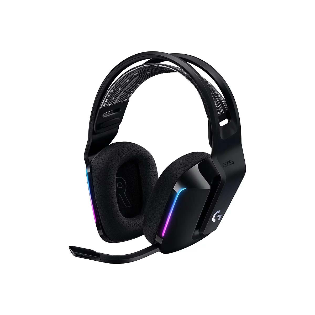 Schwarzes Gaming-Headset G733 mit farbigen LED-Leuchten an den Ohrmuscheln und Mikrofon.