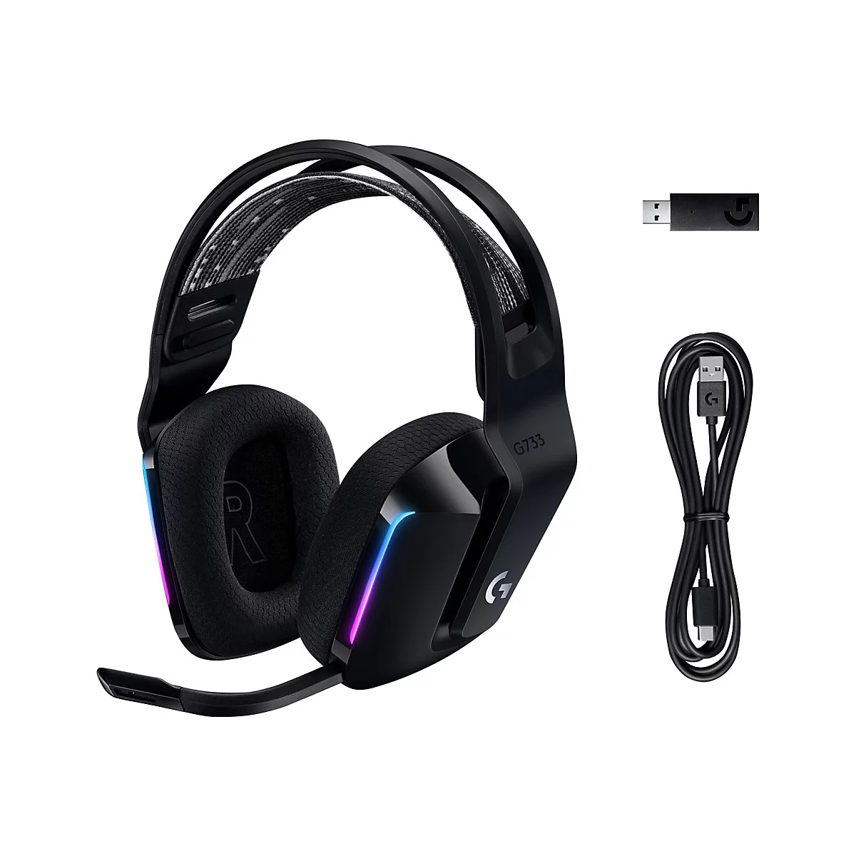 Casque de jeu noir avec microphone et dongle USB. Ã‰clairage LED bleu et rose. CÃ¢ble.