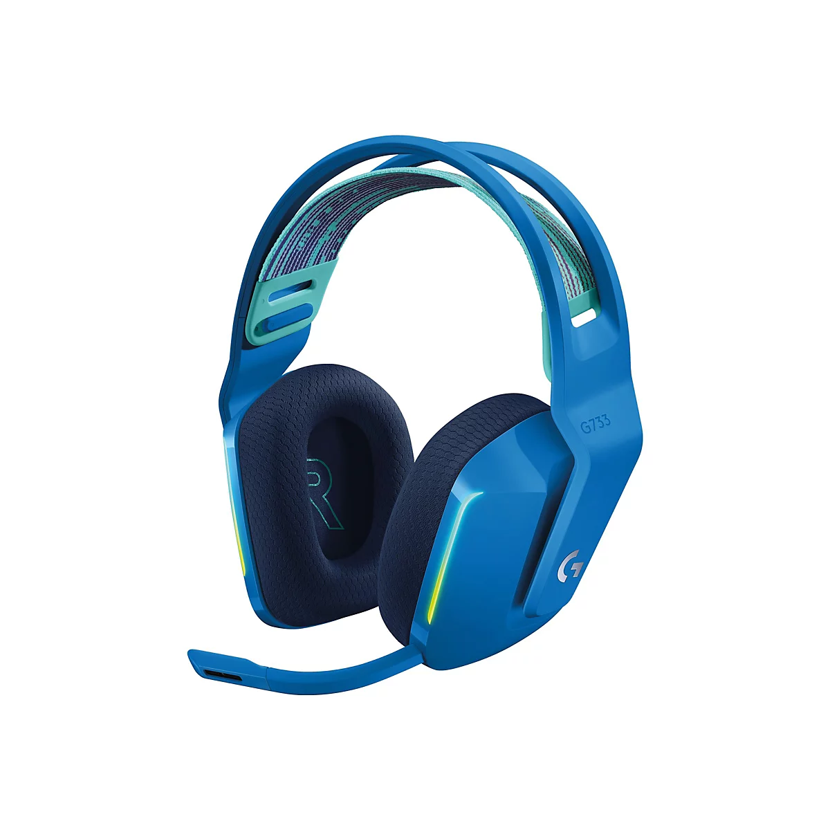 Blaues Gaming-Headset G733 mit gepolsterten Ohrmuscheln, Mikrofon und einem farbenfrohen Bügel. Das Logo ist auf dem Kopfhörer abgebildet.