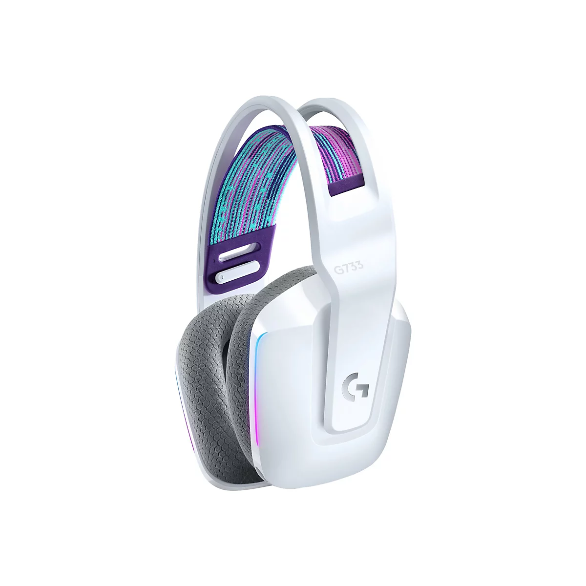 Weißes Gaming-Headset mit farbigem Stoff am Kopfband. Auf dem Hörer steht "G733". Der linke Hörer ist mit einem "G" Logo versehen.