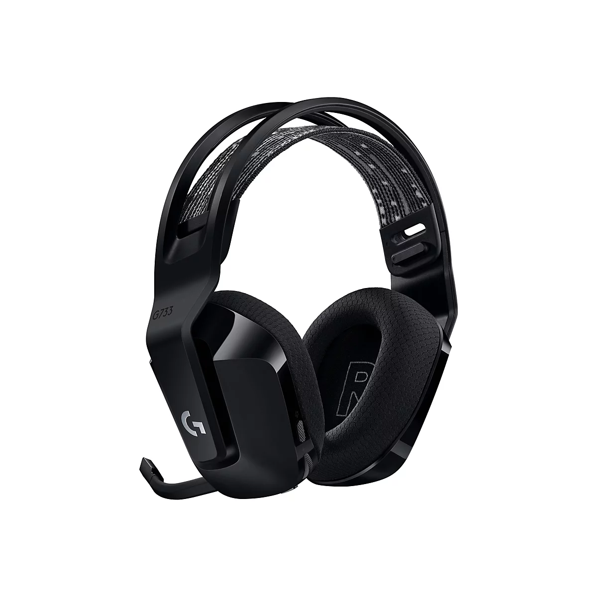 Schwarzes Gaming-Headset, das vor weißem Hintergrund freigestellt ist. Auf dem Kopfband und den Ohrmuscheln ist Stoff zu sehen, die Ohrmuscheln sind mit dem Buchstaben R beschriftet.