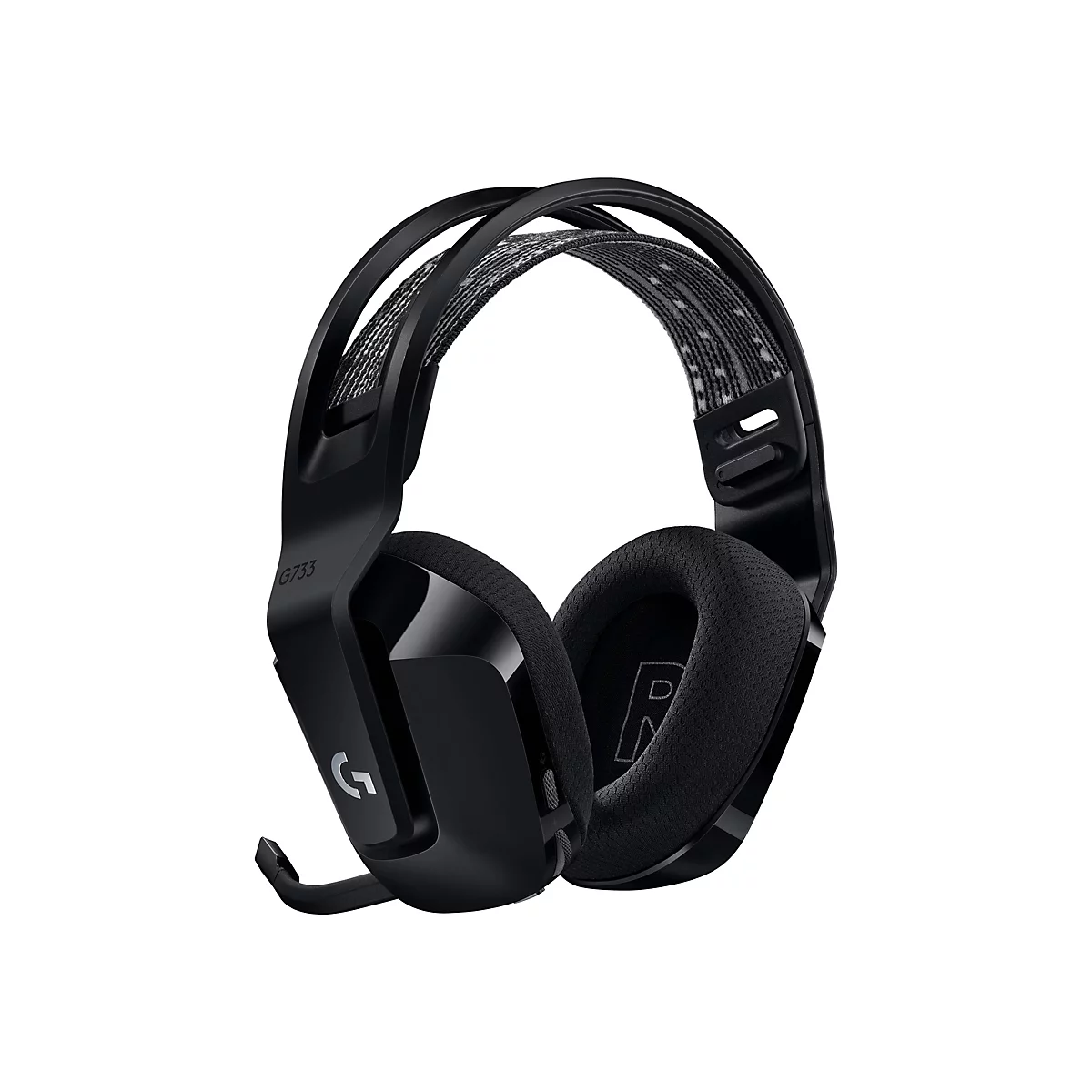 Schwarzes Gaming-Headset. Ohrmuscheln und Kopfbügel mit gepolsterten Stoff. Mikrophon am linken Ohr.