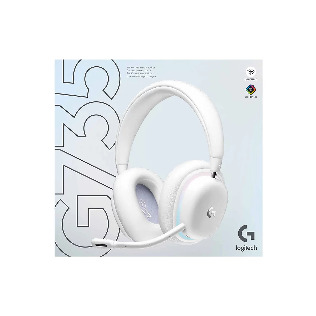 WeiÃŸes Gaming-Headset G735 von Logitech mit Mikrofon, abgebildet vor blauem Hintergrund, Schriftzug G735 und Logitech-Logo.