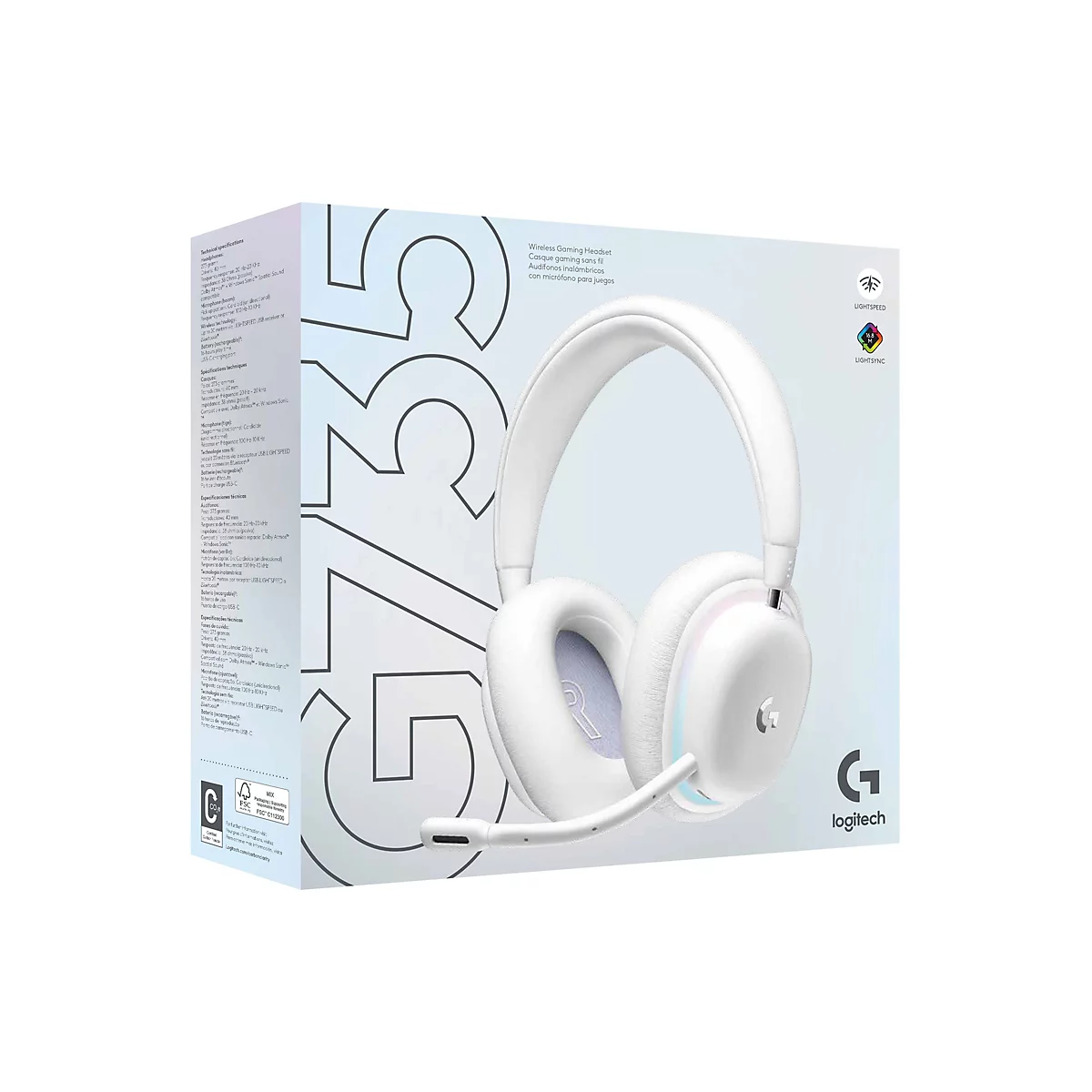 WeiÃŸes Logitech G735 Gaming-Headset auf einer hellen Verpackung.