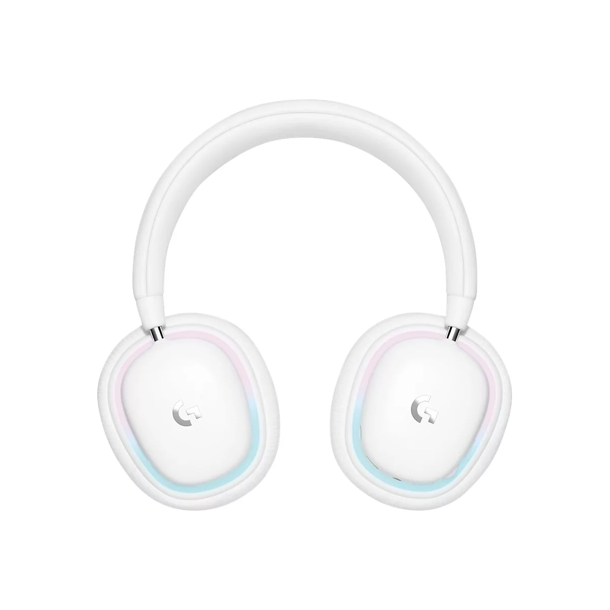 Weißes Headset, das auf einem weißen Hintergrund steht. Die Ohrmuscheln zeigen einen farbigen Rand, und das Logo ist auf beiden Seiten zu sehen.