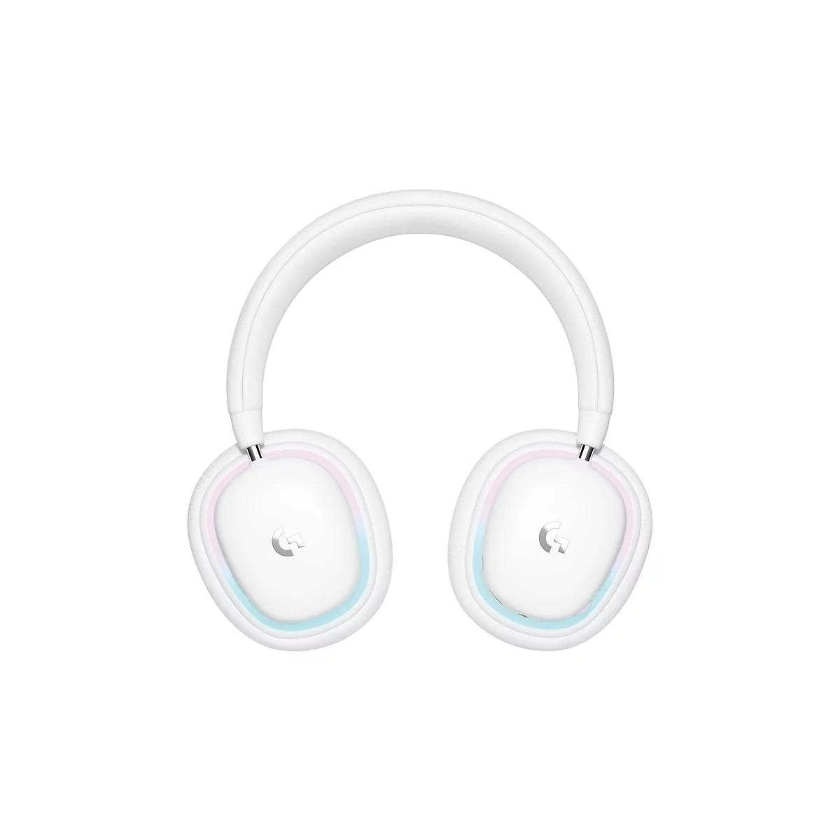 Weißes Headset, das auf einem weißen Hintergrund fotografiert wurde. Der Kopfbügel ist gebogen, die Ohrmuscheln oval. Das Logo "G" ist auf den Ohrmuscheln zu sehen. Die Ohrmuscheln sind von einem farbigen Lichtrahmen umgeben.