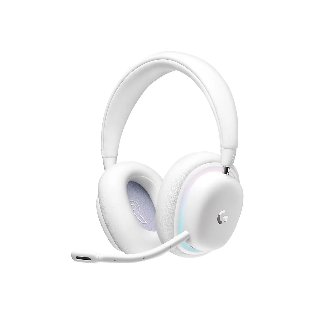Weißes Gaming-Headset mit Mikrofon und G-Logo. Auf hellblauem Grund der Ohrmuschel ist ein 'R' sichtbar.