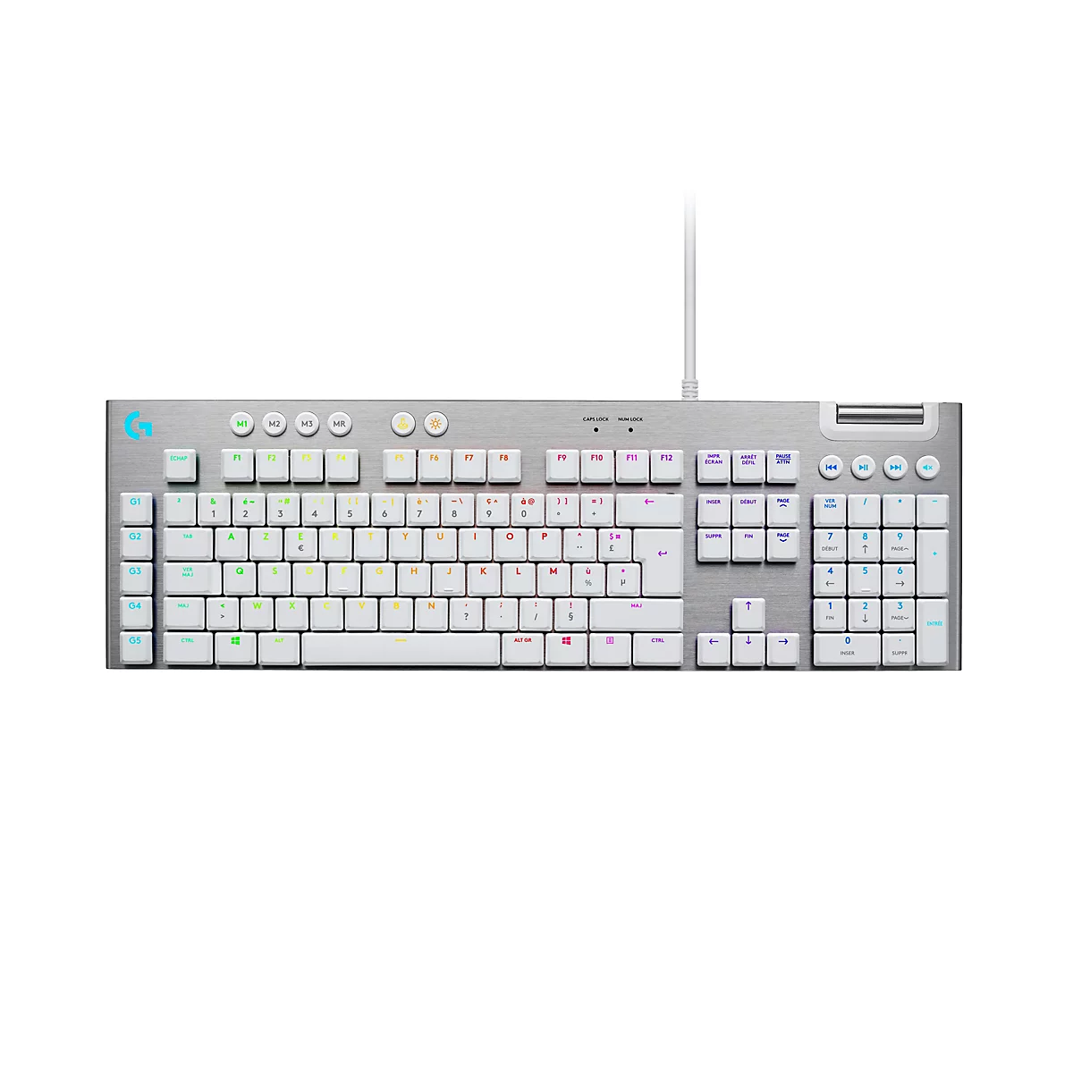 Draufsicht auf eine silberfarbene mechanische Tastatur mit weißen Tasten und französischen Beschriftungen. Ein weißes Kabel ist angeschlossen.