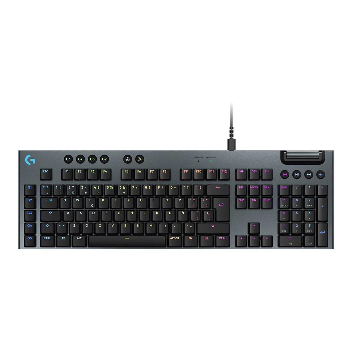 Draufsicht auf eine graue Gaming-Tastatur mit beleuchteten Tasten, mit Kabelanschluss.