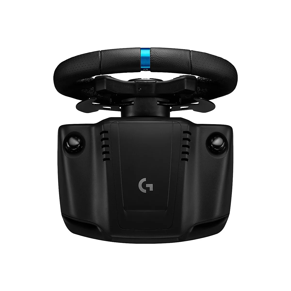 Volant de jeu noir, cuir perforé, ligne bleue en haut, logo 'G'.