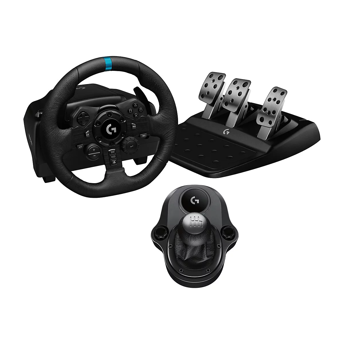 Lenkrad, Pedale und Schalthebel für Gaming. Das Lenkrad hat einen blauen Streifen. Die Pedale sind silberfarben und das Set ist von Logitech.