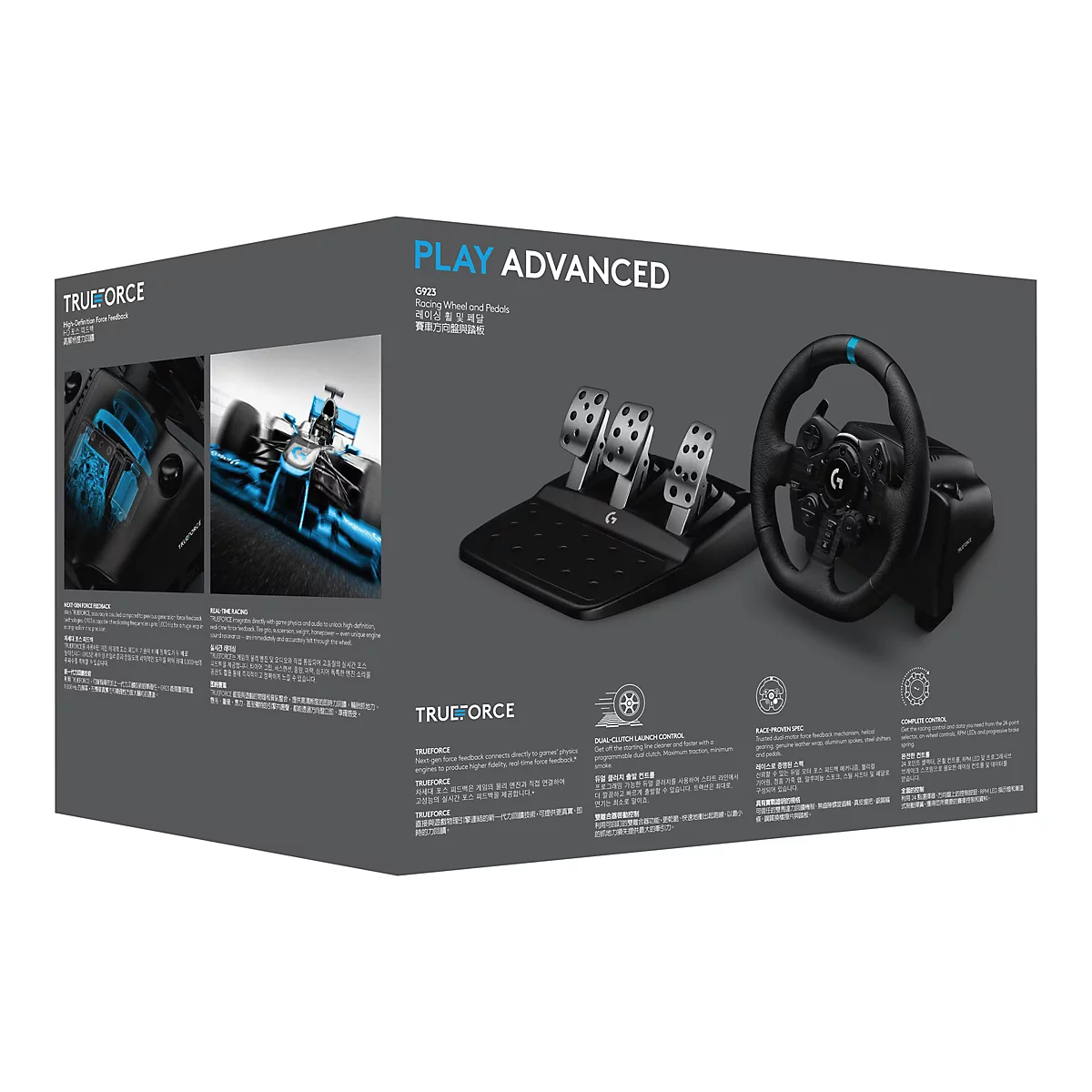 Das Bild zeigt ein Logitech G923 Lenkrad und Pedale auf einem weißen Hintergrund. Das Lenkrad ist schwarz mit blauen Akzenten. Die Pedale sind aus Metall. Im Hintergrund sind Details der Rennwagen Technik zu sehen.