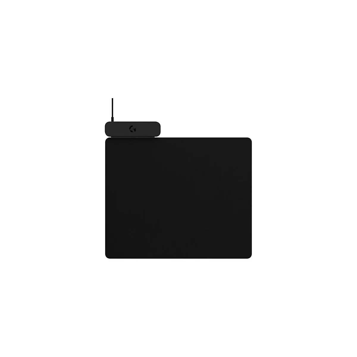 Schwarzes Mauspad mit quadratischer Form und abgerundeten Ecken. Oben links ein schwarzes Modul mit Logo und Antenne.