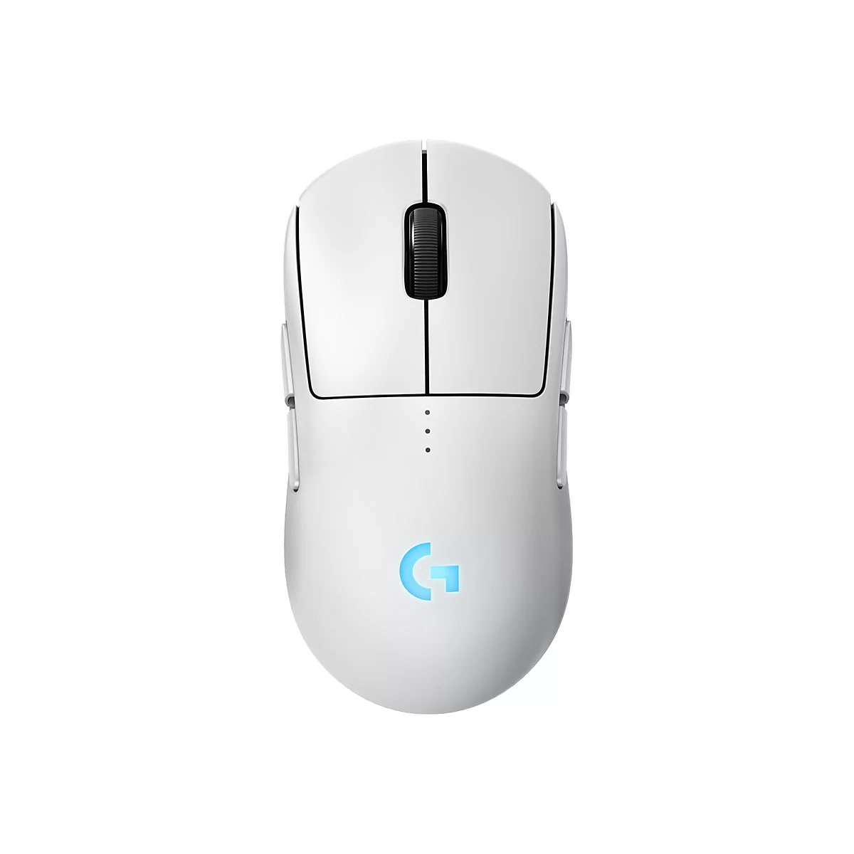 Weisse Gaming-Maus mit schwarzem Scrollrad. Am unteren Ende leuchtet ein blaues 'G'.